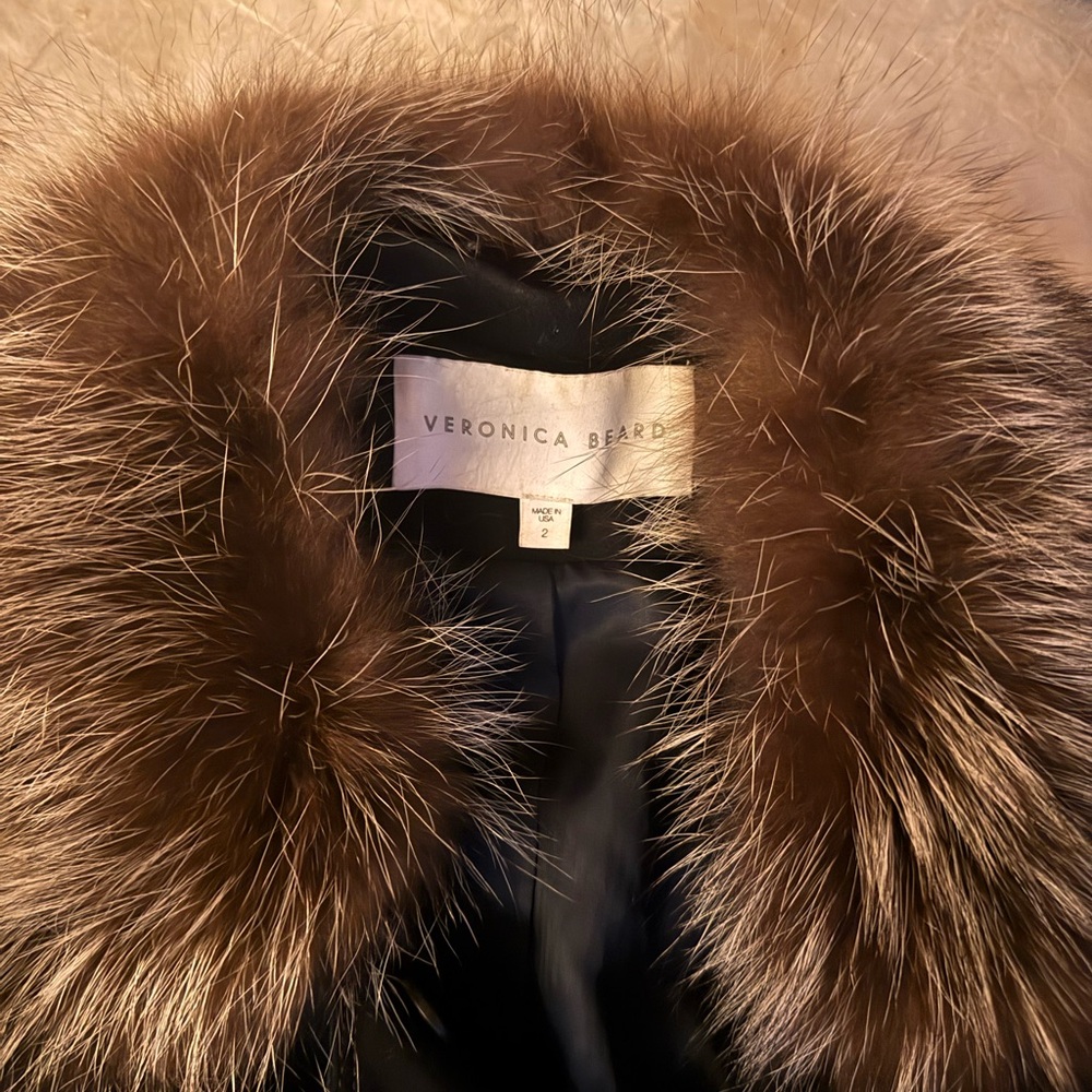 Veronica Beard Jacket with Fur Collar genuine leather trim real fur removable - Picture 3 of 10